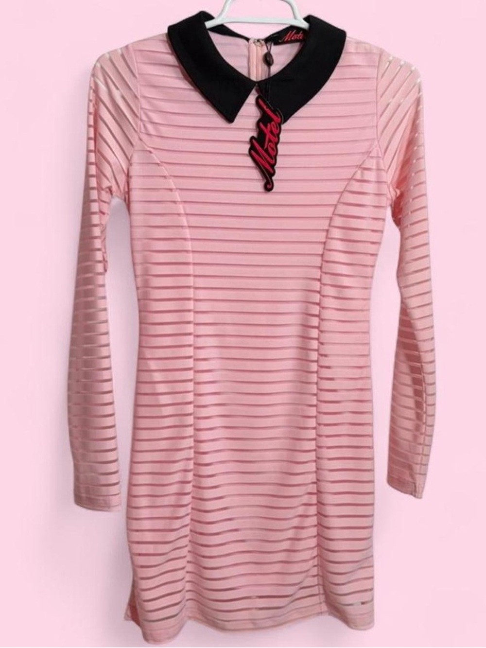Motel Rocks Pink Stripe Mesh Long Sleeve Dress with Black Peter Pan Collar